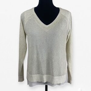 Lucky Brand Ivory Gold metallic V-Neck crochet lace sleeve accent Top Blouse S